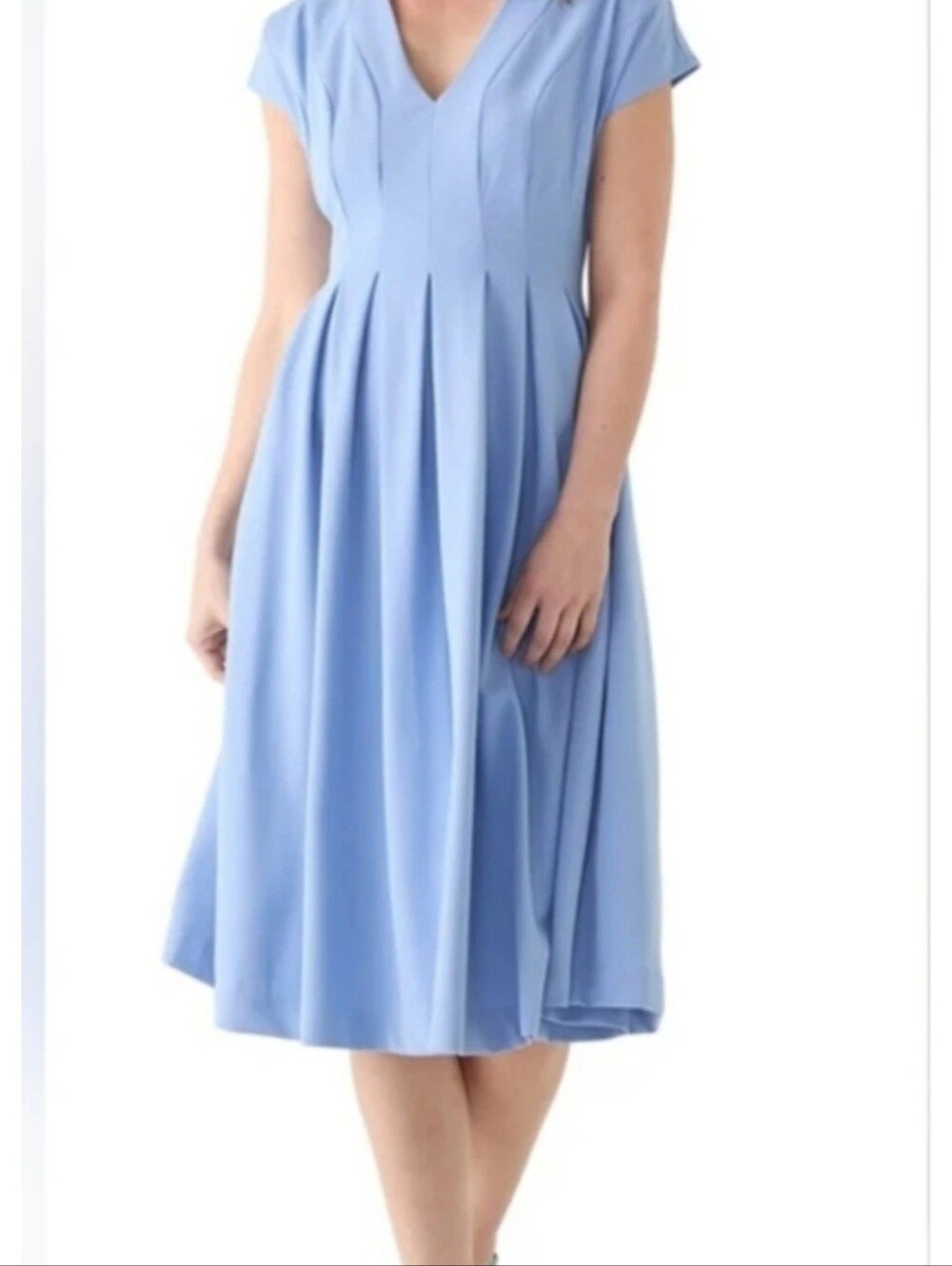 Blue Pleated V-Neck Women's Dress